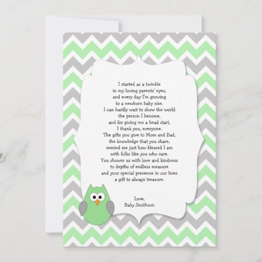 Mint Green Owl Baby shower dank u voor uw gedicht Bedankkaart (Voorkant)