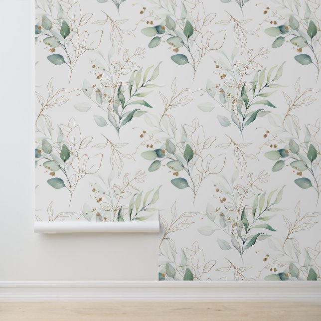 Mint Green Pastel Floral Greenery Pattern Behang (Applicatie)