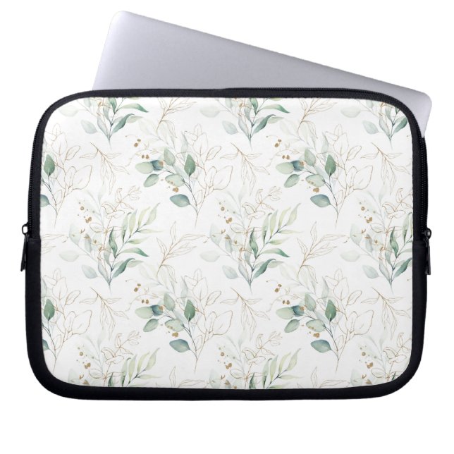 Mint Green Pastel Floral Greenery Pattern Laptop Sleeve (Voorkant)