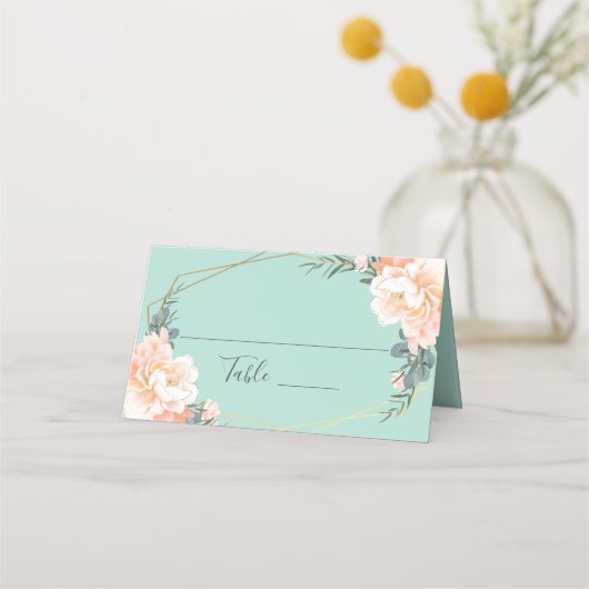 Mint Green Peach Floral Gold Geometric Wedding (Voorkant)