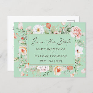 Mint Green & Peach Floral Save The Date Aankondigingskaart