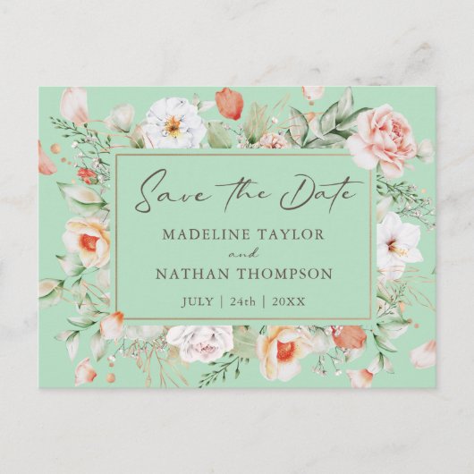 Mint Green & Peach Floral Save The Date Aankondigingskaart (Voorkant)