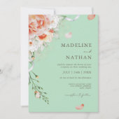 Mint Green & Peach Floral Wedding Invitation Kaart (Voorkant)