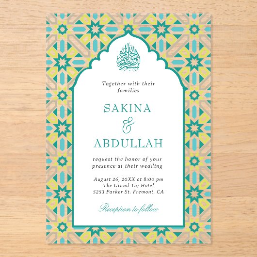 Mint Green Persian Mosaic Muslim Wedding Acryl Uitnodigingen (Voorkant)
