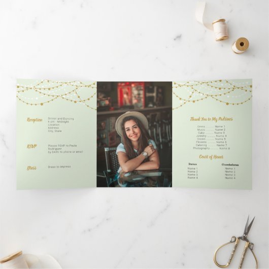 Mint Green Photo Quinceanera Drieluik Uitnodiging (Binnen)