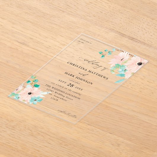 Mint Green & Pink Floral Wedding Acryl Uitnodigingen (Laagn)
