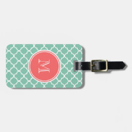 Mint Green Quatrefoil Pattern, Coral Monogram Bagagelabel