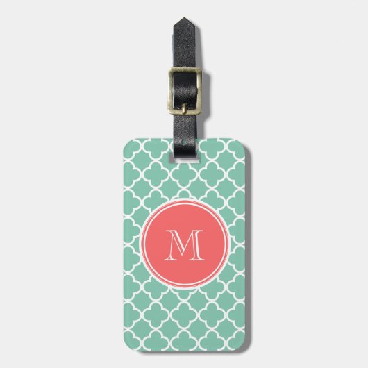 Mint Green Quatrefoil Pattern, Coral Monogram Bagagelabel (Voorkant verticaal)