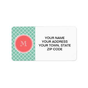 Mint Green Quatrefoil Pattern, Coral Monogram Etiket
