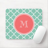 Mint Green Quatrefoil Pattern, Coral Monogram Muismat (Met muis)