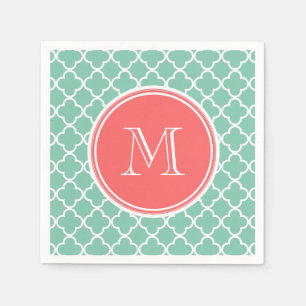 Mint Green Quatrefoil Pattern, Coral Monogram Servetten