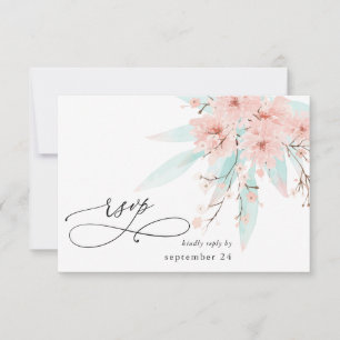 Mint Green & Roze Floral op White w Meal RSVP 2 Kaartje