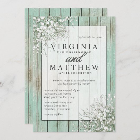 Mint Green Rustic Baby's Breath Faire-part de mari (Devant / Derrière)