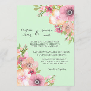Mint Green Rustic Pink Flowers Wedding Invitations Kaart