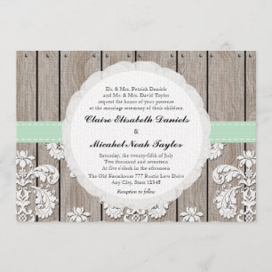 Mint Green Rustic Wood Lace Wedding Invitations Kaart