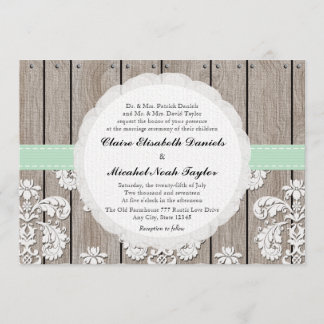 Mint Green Rustic Wood Lace Wedding Invitations Kaart