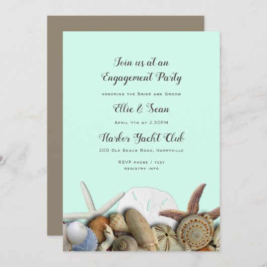 Mint Green Seashells Border Verloving Invitation Kaart (Voorkant / Achterkant)