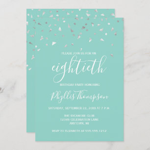 Mint Green Silver Confetti 80th Birthday Party Kaart