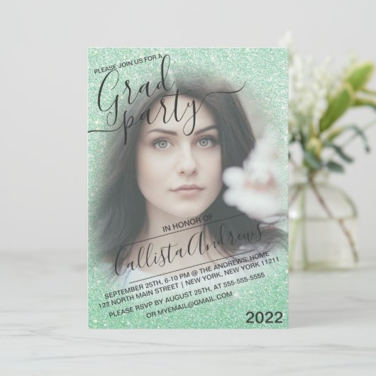 Mint Green Sparkly Glitter Ombre Photo Afstuderen Kaart (Staand voorkant)