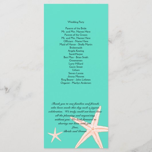 Mint Green Starfish Tall Wedding Program Sjabloon (Achterkant)