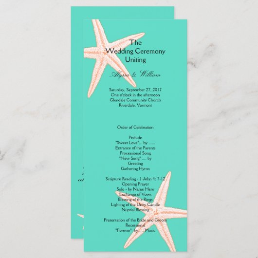 Mint Green Starfish Tall Wedding Program Sjabloon (Voorkant / Achterkant)