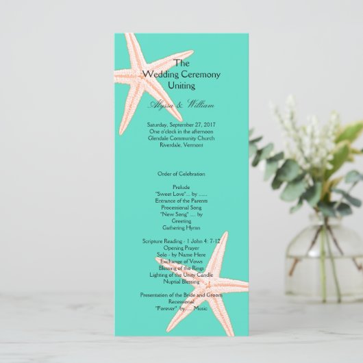 Mint Green Starfish Tall Wedding Program Sjabloon (Staand voorkant)
