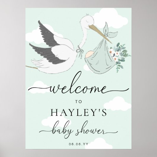 Mint Green Stork Baby shower Welkom Poster (Voorkant)