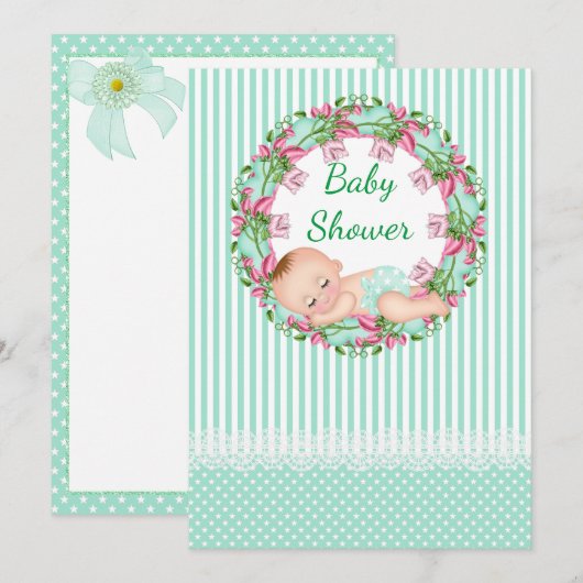 Mint Green Stripe Baby shower Invitation Kaart (Voorkant / Achterkant)