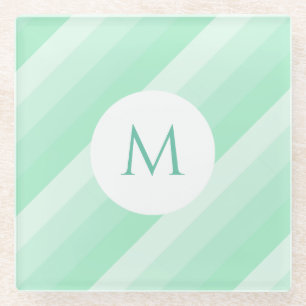 Mint Green Striped Moderne Sjabloon Monogram Glazen Onderzetter