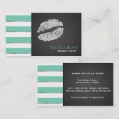 Mint Green Stripes Faux Silver Shine Lips Chic Visitekaartje (Voorkant / Achterkant)