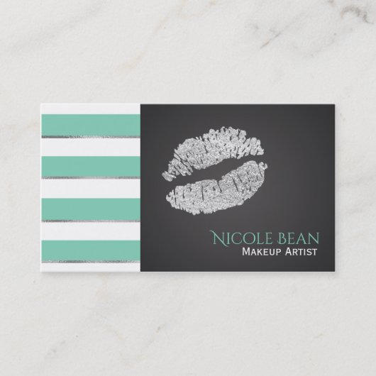 Mint Green Stripes Faux Silver Shine Lips Chic Visitekaartje (Voorkant)