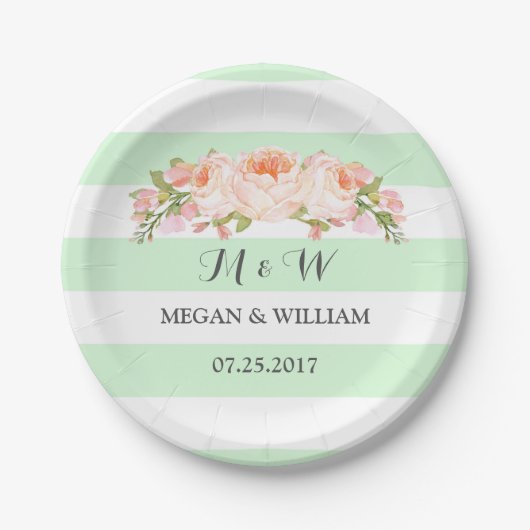 Mint Green Stripes Floral Wedding Bord (Voorkant)