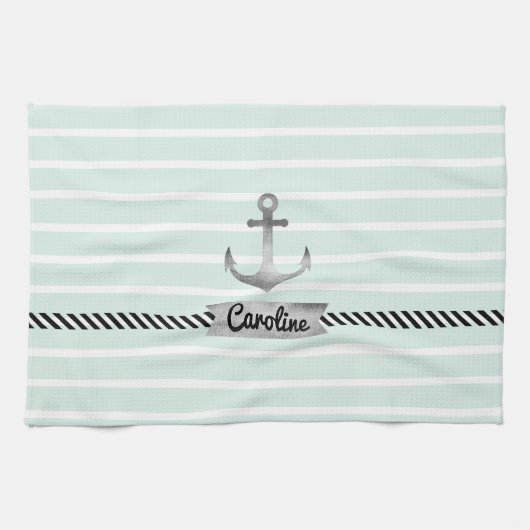 Mint Green Stripes Grey Waterverf Anchor Custom Theedoek (Horizontaal)