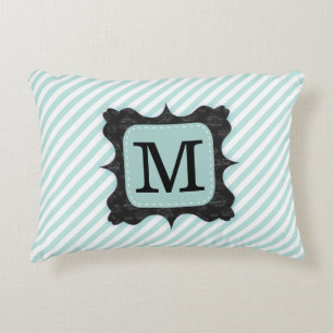  Mint Green Stripes Pattern Zwart Monogram Accent Kussen