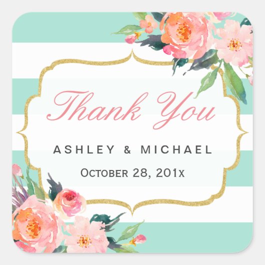 Mint Green Stripes Waterverf Floral Hartelijk dank Vierkante Sticker (Voorkant)