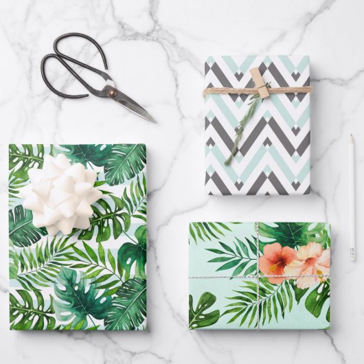Mint Green Tropical Leaves en Geometric Pattern Inpakpapier Vel (Voorkant)