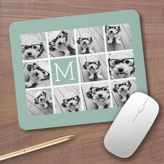 Mint Green Unique Photo Collage Custom Monogram Muismat