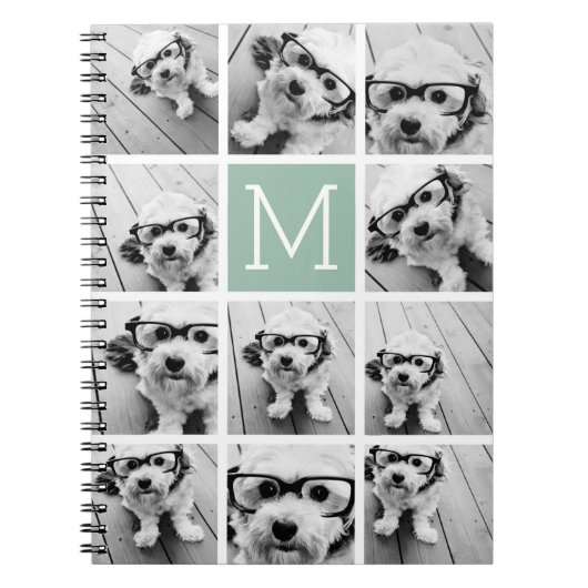 Mint Green Unique Photo Collage Custom Monogram Notitieboek (Voorkant)