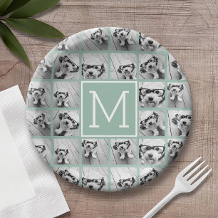 Mint Green Unique Photo Collage Custom Monogram Papieren Bordje