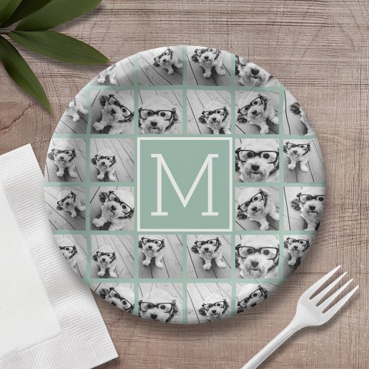 Mint Green Unique Photo Collage Custom Monogram Papieren Bordje