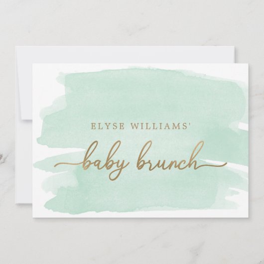 Mint Green Waterverf Gold Baby Brunch Uitnodiging (Achterkant)