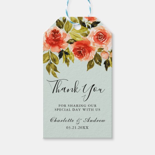 Mint Green Waterverf Rozen Weddenschap Bedankt Cadeaulabel (Voorkant)