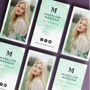 Mint Green Waterverf Social Media met foto Visitekaartje