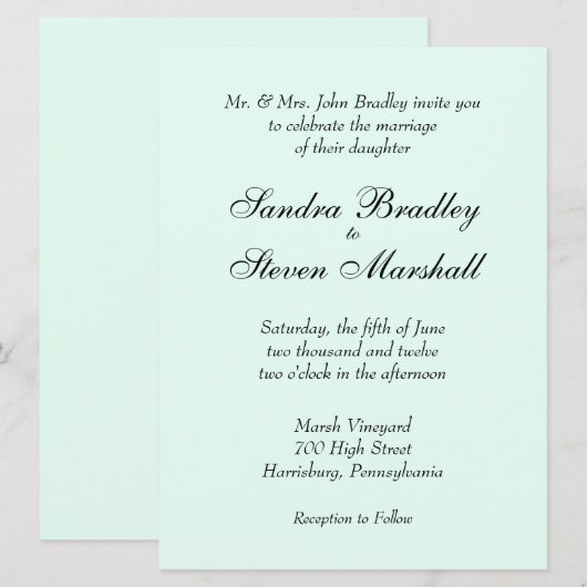 Mint Green Wedding Invitation Kaart (Voorkant / Achterkant)