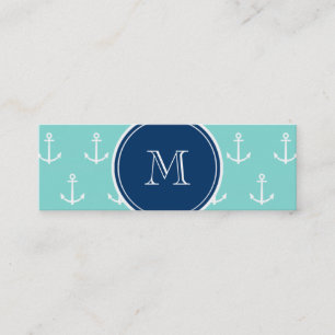 Mint Green White Anchors, Navy Blue Monogram Mini Visitekaartje
