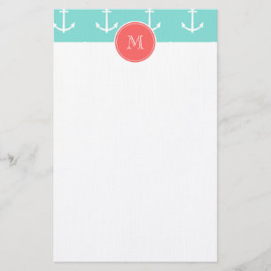 Mint Green White Anchors Pattern, Coral Monogram Briefpapier