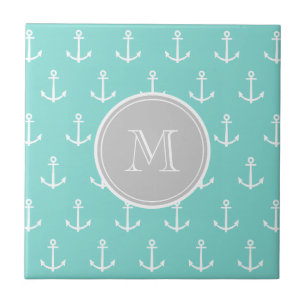 Mint Green White Anchors Pattern, Grey Monogram Tegeltje