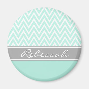 Mint Green White Chevron Zigzag Pattern Grey Name Magneet