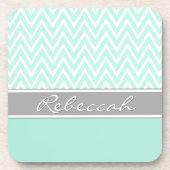 Mint Green White Chevron Zigzag Pattern Grey Name Onderzetter (Voorkant)