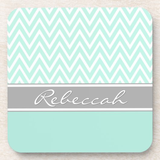 Mint Green White Chevron Zigzag Pattern Grey Name Onderzetter (Voorkant)